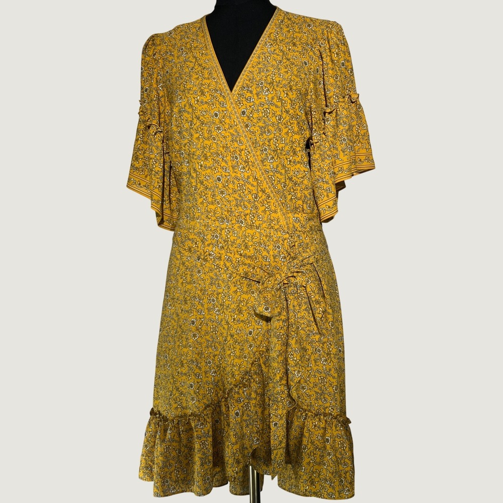 Max Studio Womens Mustard Yellow Floral Print Ruffle Wrap Dress XL Cottagecore